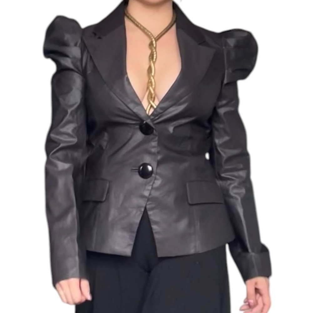 Only - Black Faux Leather Blazer Puff Shoulder Structured Small - Picture 5 of 10
